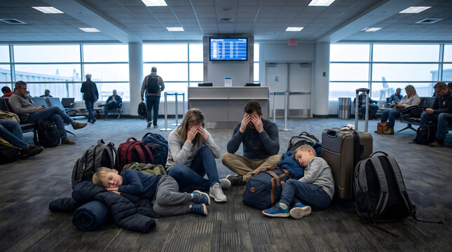 Exhausted family with sleeping children sitting on airport terminal floor during flight delay