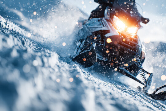 Dynamic close up of a snowmobile speeding across snow covered terrain, capturing the thrill of winter sports and adventure.