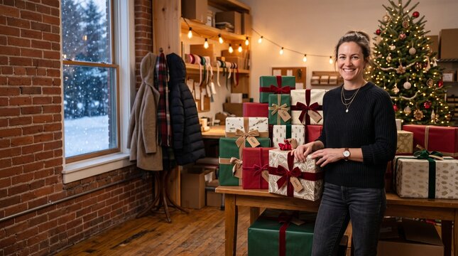 Smiling woman entrepreneur standing beside stacked holiday gift boxes in workshop