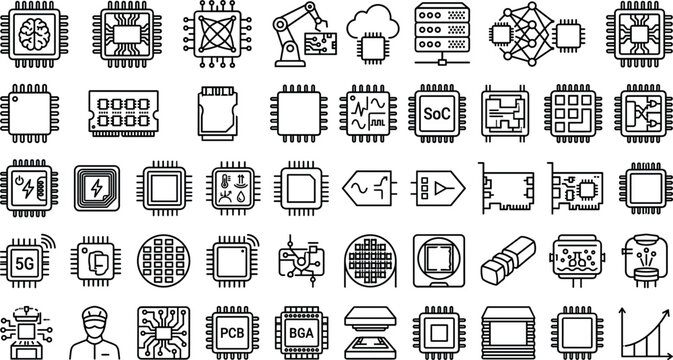 Semiconductor manufacturing and microchip hardware line icon vector set featuring processor units printed circuit boards silicon wafers robotic assembly and server microtechnology elements