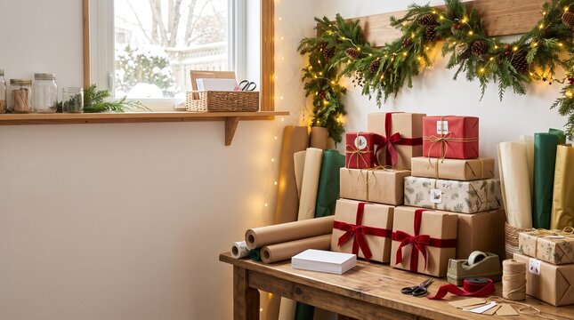 Holiday shipping station with packages, wrapping paper, and festive garland on wooden table