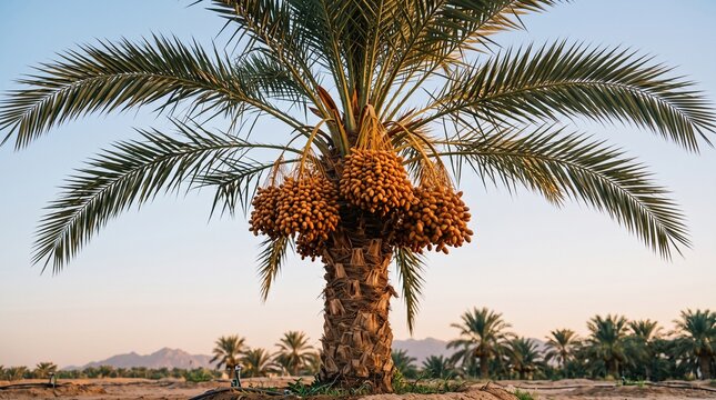 Date palm tree loaded with clusters of ripening orange dates in a desert oasis date harvest tropical tree fruit clusters