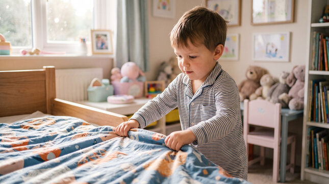 Young boy making his bed in a cozy children's bedroom  