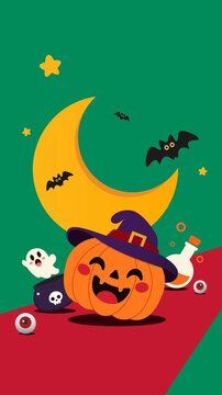 Animated Halloween scene with pumpkin, witch hat, moon, bats, ghost, skull, and eyeballs