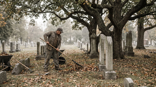 Cemetery groundskeeper raking leaves under an old tree in autumn  