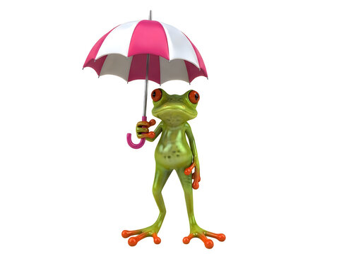 Green frog holding pink umbrella