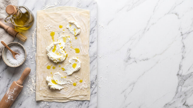 Top down view of Ligurian Focaccia di Recco dough and Crescenza cheese on marble