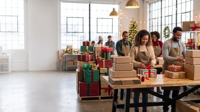 Diverse employees preparing gift packages and packing orders in warehouse workshop