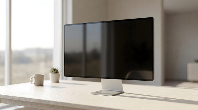 Clean desktop setup featuring a modern computer screen on a wooden office desk by the window with soft daylight