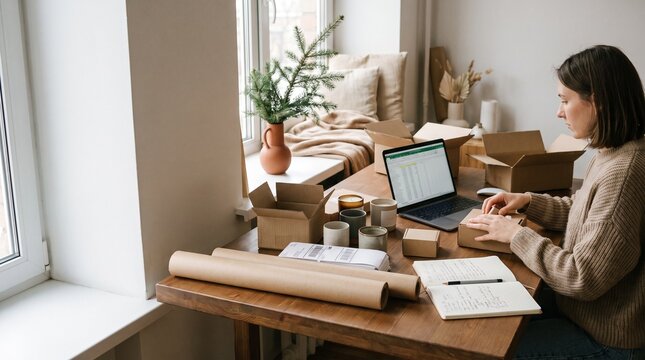 Small business owner packing online orders with laptop and cardboard boxes at home office