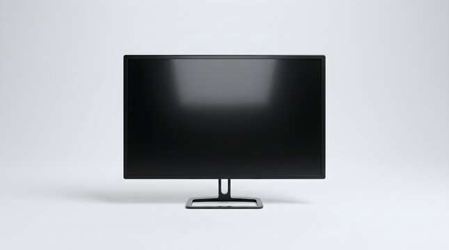 A sleek modern computer screen sitting on a clean white desk surface in a minimalist studio environment
