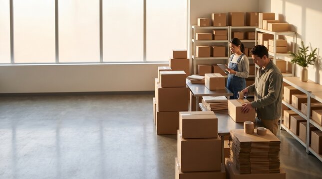 Employees preparing and packaging orders in a bright warehouse storage room with shelves and boxes