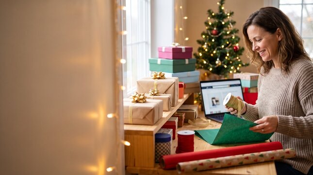 Smiling woman wrapping Christmas gifts at desk with laptop in cozy holiday workshop