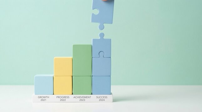 A hand placing a missing puzzle piece onto a colorful bar chart representing business growth and success