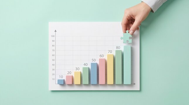 Business person hand completing a growing bar chart with a puzzle piece representing a successful financial strategy and data solution