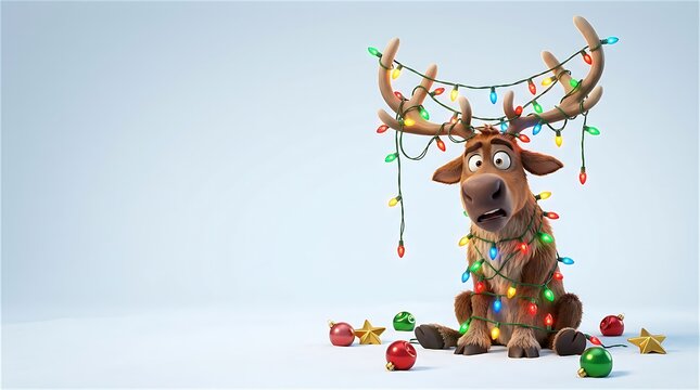 Animated brown reindeer looking confused while tangled in colorful glowing holiday string lights against a simple bright white studio background