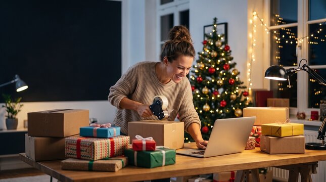 Smiling woman packing Christmas orders with laptop in workshop