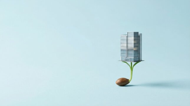 A small green sprout growing from a seed holds a modern corporate building on its leaves, symbolizing sustainable real estate and urban development