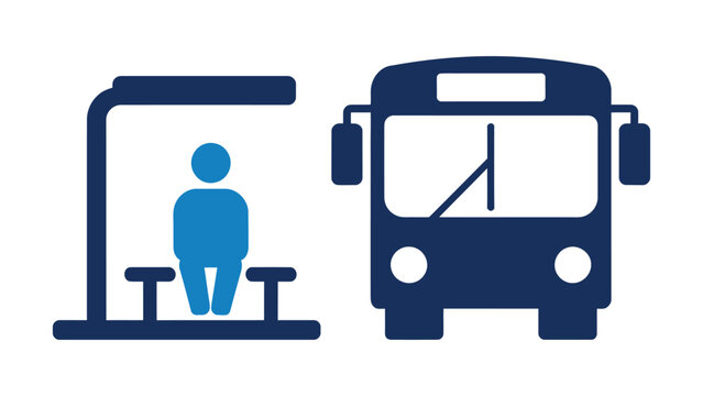 Bus stop vector icon showing waiting passenger sitting under shelter and public transit bus front view