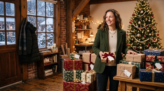 Smiling woman entrepreneur standing with Christmas gifts in festive workshop