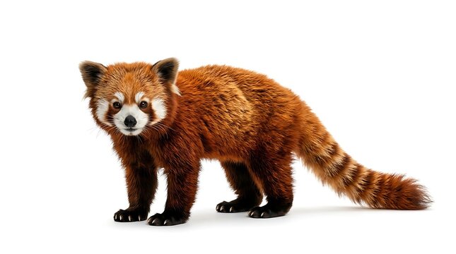 Red panda standing on all fours against white studio background with natural lighting