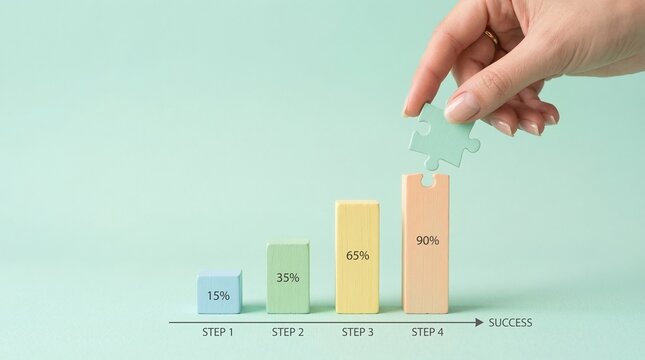 Strategic Business Growth Journey Culminating in Success Hand Placing Final Puzzle Piece on Upward Trend Chart Illustrating Achievement and Progress