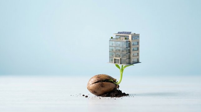 Modern Office Building Growing from a Sprouting Seed Symbolizing Sustainable Business Development and Green Corporate Investment