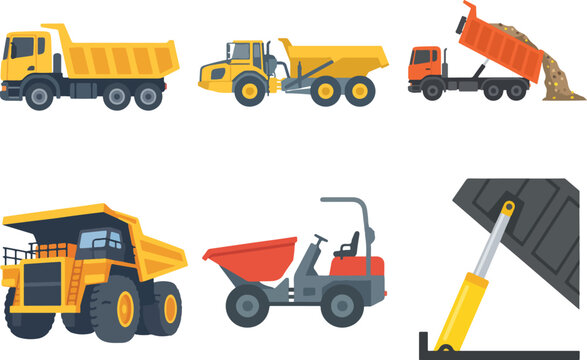 Heavy Dump Truck, Mining Hauler, Site Dumper, and Hydraulic Lift Piston Flat Vector Icons Set