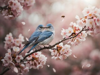 Obraz premium Two Blue Birds On Cherry Blossom Branch High Resolution Picture