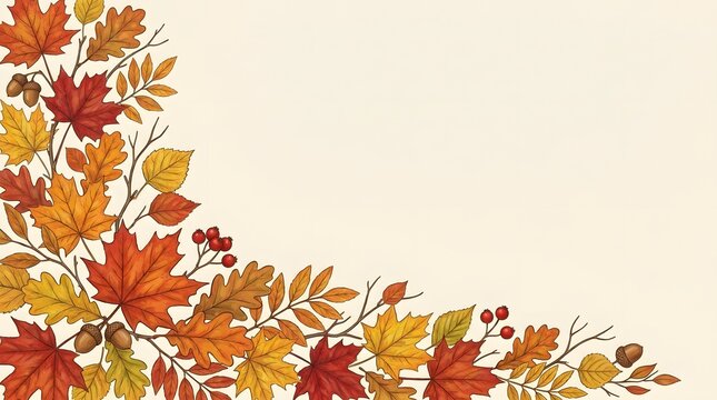 Autumn leaves corner frame illustration with hand-drawn fall foliage, maple and oak leaves, acorns and berries on beige background