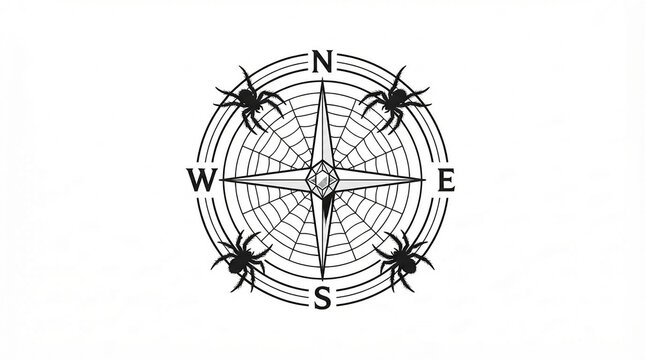 Gothic compass rose with spiderweb background and four spiders at cardinal directions, spooky Halloween navigation illustration, isolated on white background