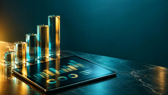 Futuristic financial data visualization with glass bar charts, digital tablet showing stock market growth, glowing blue and gold business analytics