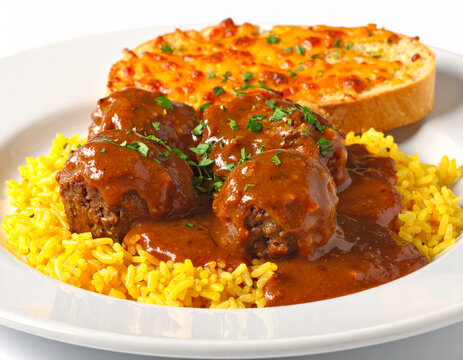 Meatballs on yellow rice with gravy, cheesy garlic bread, closeup. AI