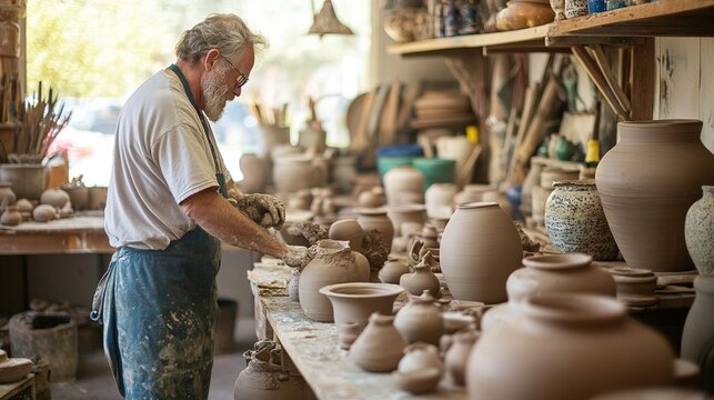 A local pottery studio filled with clay works in progress, the potter demonstrating techniques to visitors.