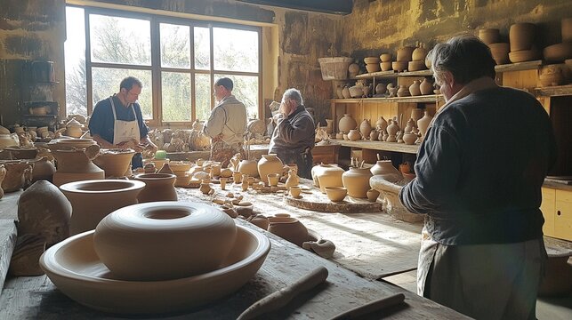 A local pottery studio filled with clay works in progress, the potter demonstrating techniques to visitors.