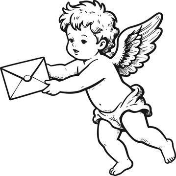 Cherubic angel flying with envelope in hand vintage cupid illustration for love and message themes