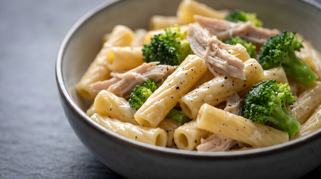 A delicious bowl of chicken broccoli ziti served in a ceramic dish on a dark rustic table with shallow depth of field