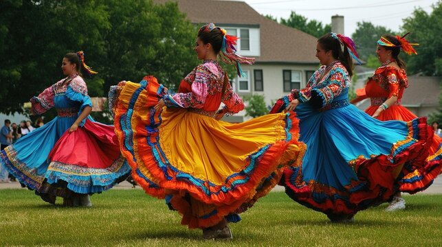 A local dance group performing traditional folk dances at a community fair, vibrant costumes swirling in motion.