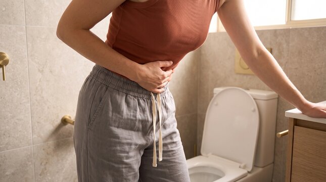 Gastroenterology: Person holding painful abdomen beside toilet in home bathroom