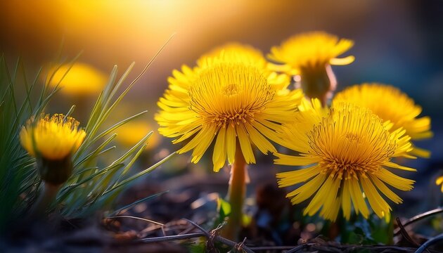 Yellow Dandelion Flower Close Up Macro Spring Background Closeup Of Yellow Spring Flowers On The Ground