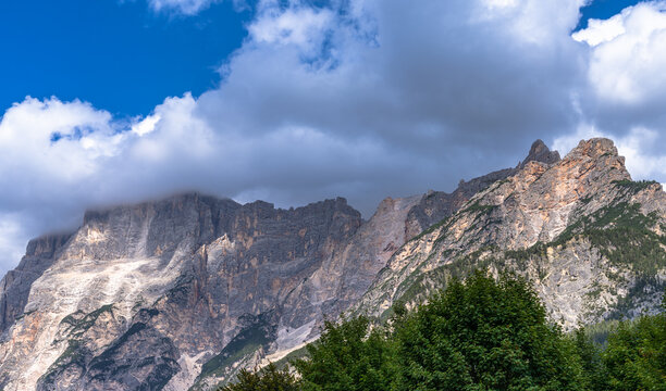 Stunning view of Sorapiss massif with Monte Marcora (Croda Marcora) peak from the town San Vito di Cadore in Ampezzo Dolomites Natural Park on sunny summer day, Belluno, Veneto, South Tyrol, Italy