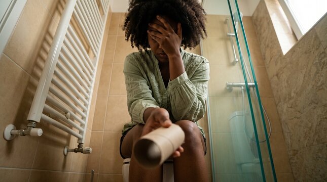 Personal hygiene: Frustrated Black woman discovers empty toilet paper roll while sitting on toilet