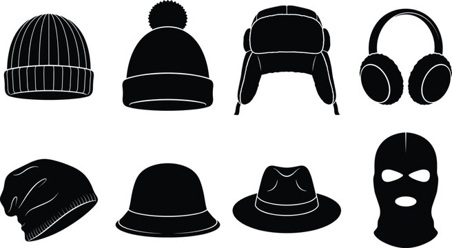 Collection of black winter hats and headwear silhouettes featuring beanies, balaclava, and earmuffs for apparel design