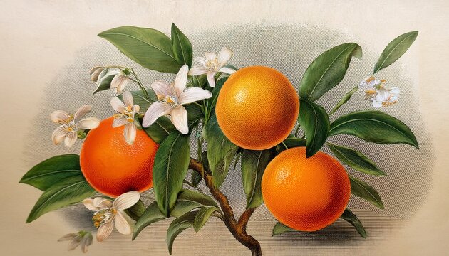 Orange Or Citrus Sinensis Plant With Fruits And Flowers As In The Vintage Botanical Illustrations Victorian Still Life On Creamy Paper Background