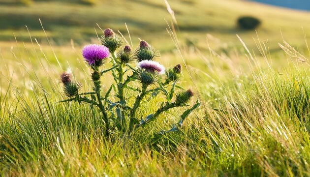 Cirsium Arvense Thistle Plant In Grassy Field