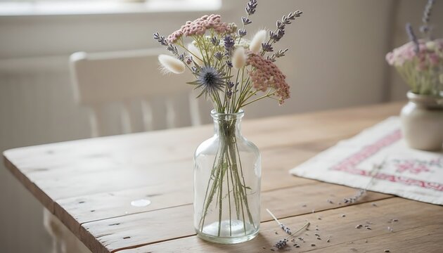 Modern vase with colorful flowers on table