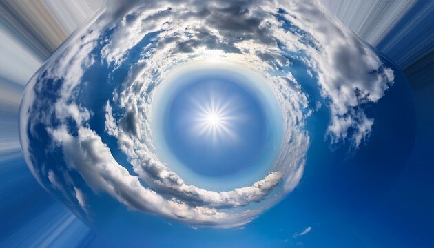 Spherical Panorama Of Blue Sky Cumulus Clouds And Sun Shining