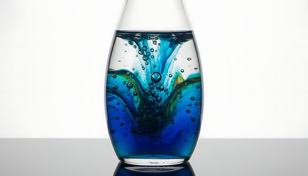 Blue glass vase with bubbling water inside