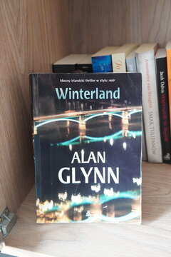 Winterland book by Alan Glynn displayed on a wooden shelf with other novels in a home library