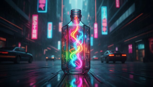 Colorful neon bottle with glowing city lights background